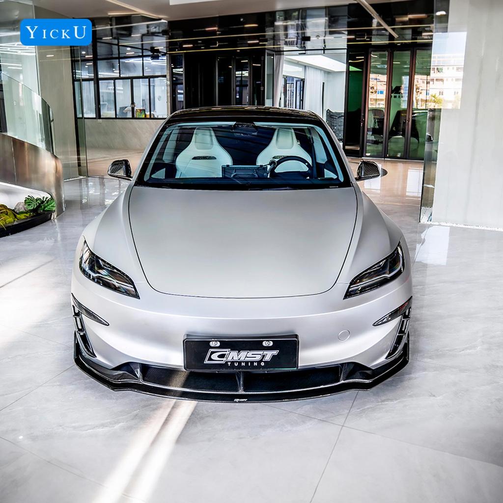 Upgrade your Tesla Model 3 P with CMST carbon fiber front lip with lights, rear lip, air intakes, and side skirts.