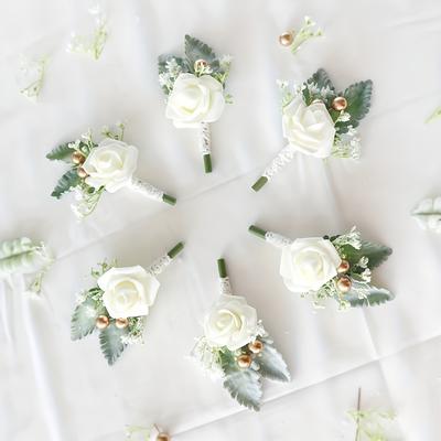 1/6pcs Milky White Vintage Wedding Bride And Groom Corsage Bridesmaid Rose Wrist Flowers Homecoming Prom Corsage Flowers NONE
