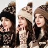 Autumn and winter leopard print knitted hat gloves two-piece set women's big hairball ear protection wool hat retro jacquard half-finger gloves