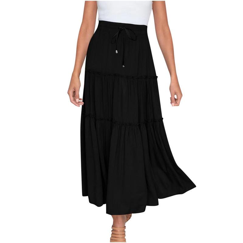 Women's Drawstring High Rise Midi Skirt Tiered Ruffle Maxi Skirt Casual Summer Long Skirt