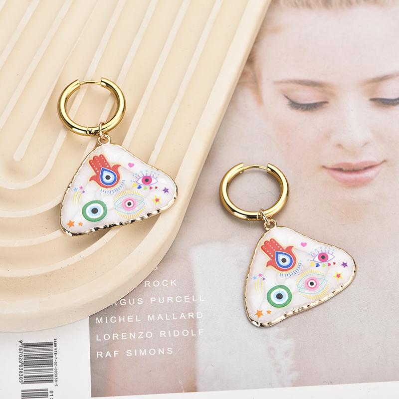 Trendy Colorful Eye Heart Star Moon Pattern Stainless Steel Hoop Earrings Woman Big Vintage Statement Geometric Enamel Jewelry