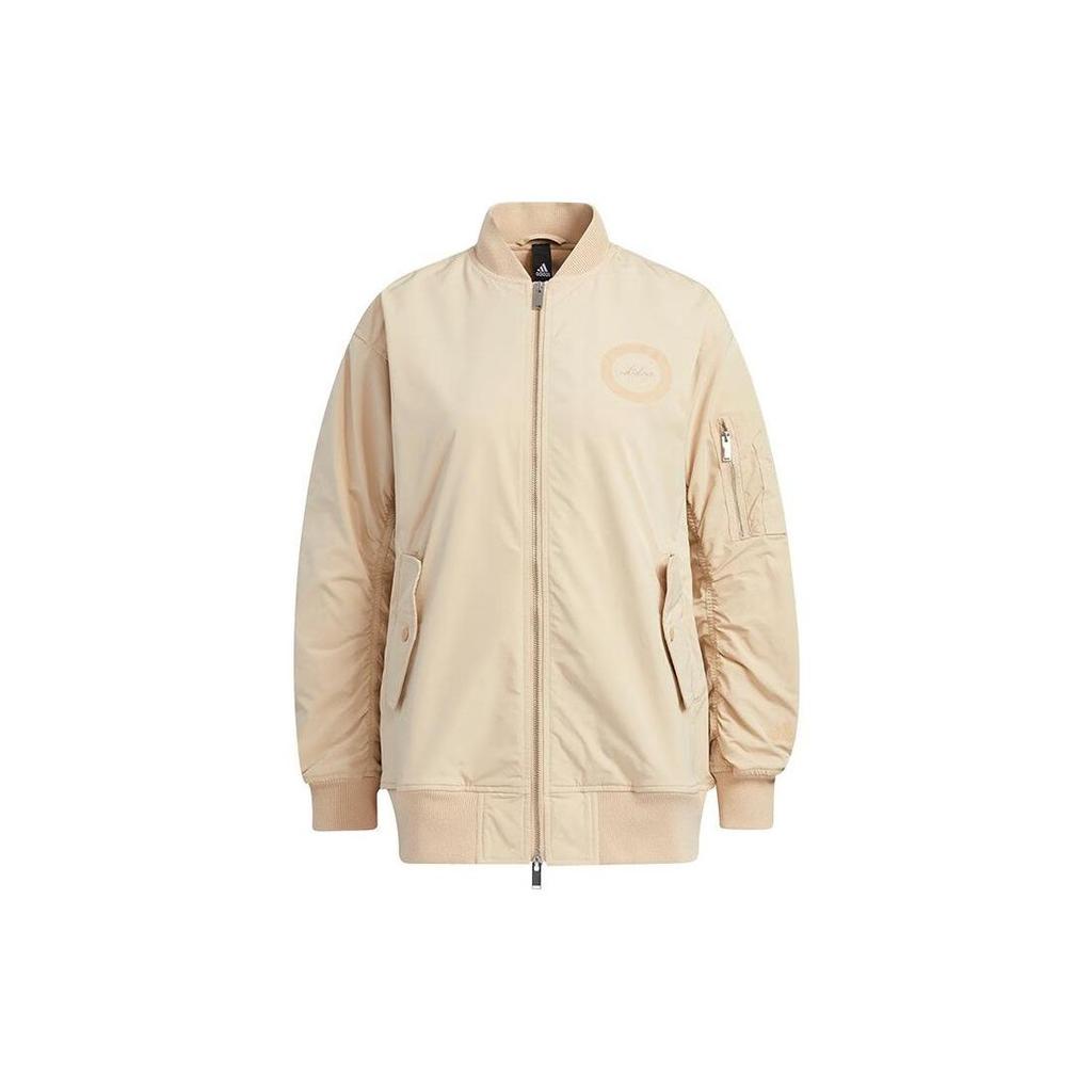 Adidas Neo Solid Color Print Logo Zip-Up Warm Jacket Women Outerwear Khaki IB2725