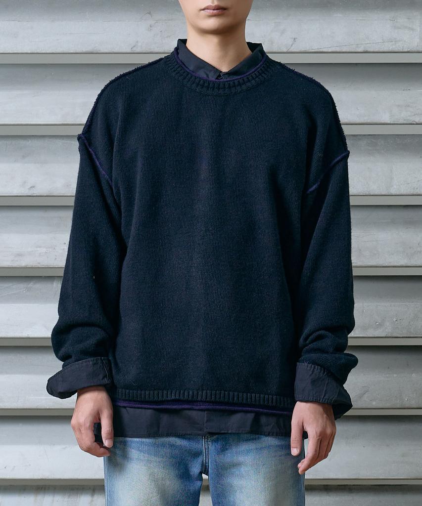 Weseuken [Unisex] Layered Stitched Crew Neck Knit (Black)