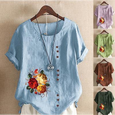 Women's Fashion Summer Round Neck Short Flowers and Plants Prined Sleeve T-shirt Casual Cotton Linen Graphic Shirt Leisure Loose Blouse Tops Plus Size