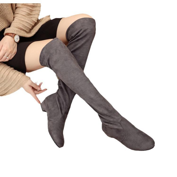 Dames Lange Elastiske Semskede Støvletter - Rund Tå, Høyt Skaft, Toveis Stil, Stor Størrelse, Europeisk og Amerikansk Design