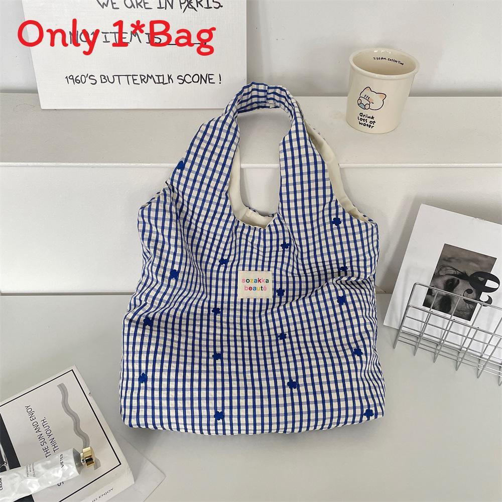 Summer Plaid Embroidered Tote Bag With Zipper Pocket For Casual Day Out