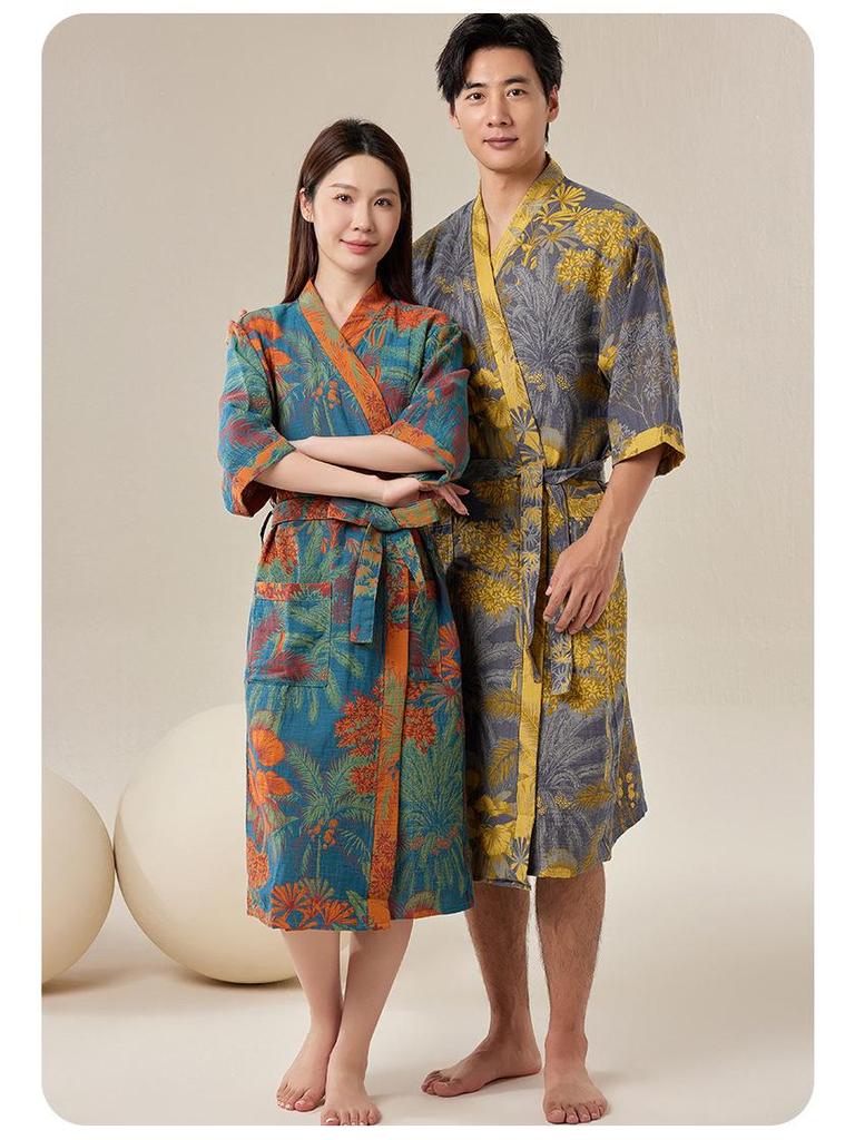Pure Cotton Double Gauze Chinese Style Couple Bathrobe - Spring/Summer, Thin, Absorbent, Quick-Drying Pajamas/Homewear