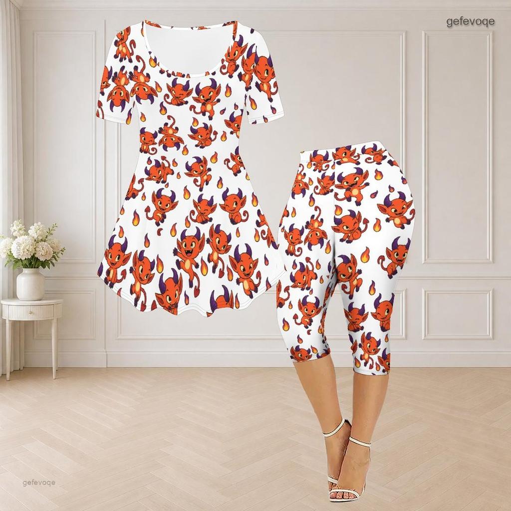 Women Plus Size Printed Round Neck Short Sleeve Flared Top Capri Pants Two Piece Loungewear Set