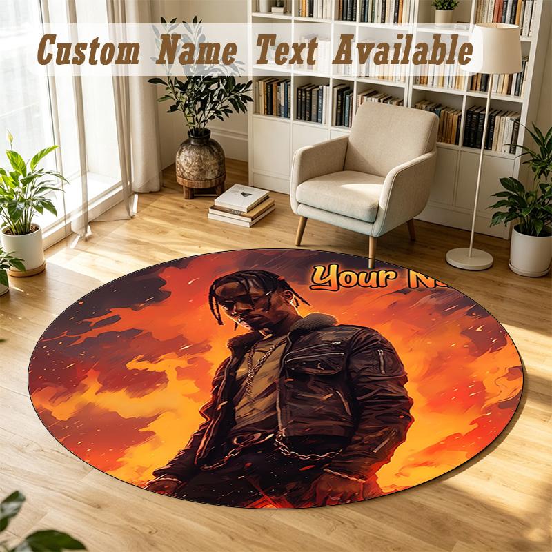 Round Rug Custom NameTravis Scott Pattern Non Slip Carpet Home Floor Decor