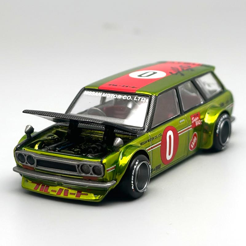Kaido House MINIGT Datsun KAIDO 510 Wagon OG Flo Yellow chrome alloy car Model 164