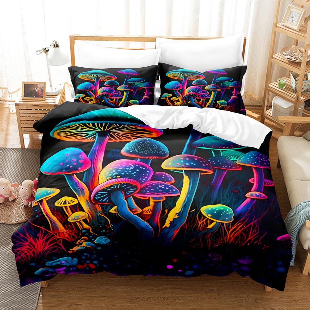 3D Digital Printing Fluorescent Mushroom Series Three-Piece Bedding