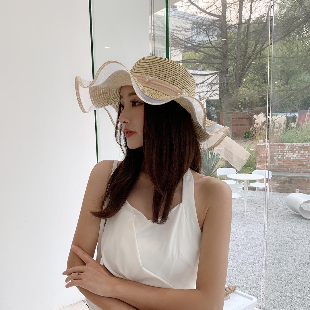 

Panamanian Women s Bow Beach Shading Straw Hat Sun Hat Large Brim Fashionable outdoor Cap H115 бежевий