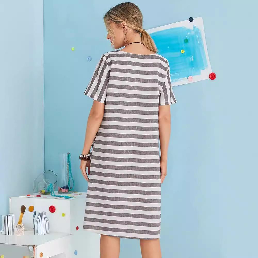2023 Hot Style Striped Round Neck Short Sleeve Loose Plus Size Women's Dress