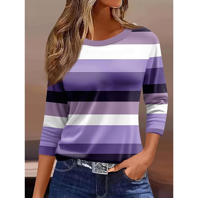 

Women s T shirt Long Sleeve Graphic Geometric Striped Vintage Stylish Classic Long Sleeve Crew Neck Round Neck Regular Tops 5XL