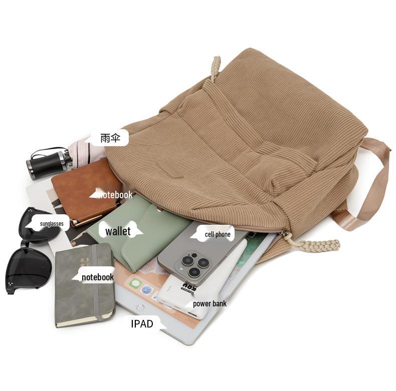 2025 Women's Corduroy Casual Small Backpack - Mori Style, Solid Color