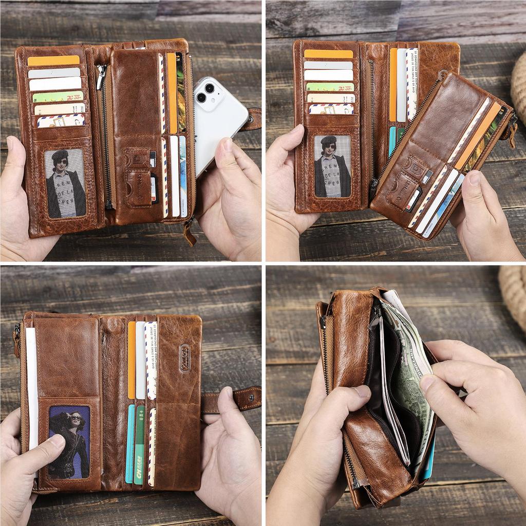 CONTACT'S Genuine Leather Men Long Wallet Phone Bag Zipper Coin Pocket Purse Male Clutch Wallet