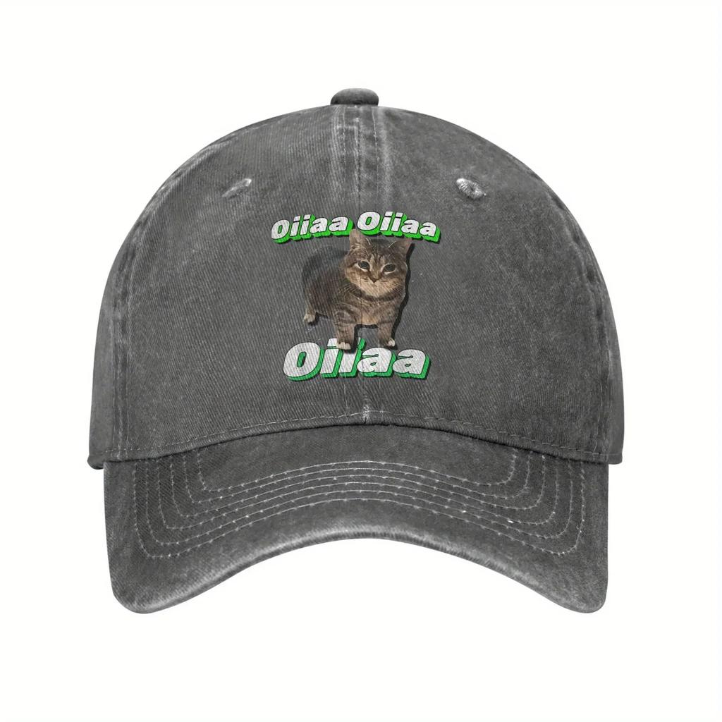 OIIAA Retro Spinning Cat Meme Baseball Cap Adjustable Lightweight Distressed Washed Black Hat with Green Text Casual Outdoor