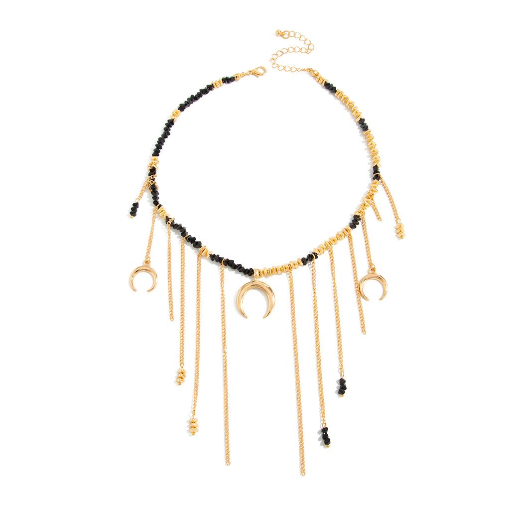 Sweet And Cool Spice Girl Crescent Crescent Love Pendant Tassel Necklace, Stylish Imitation Crystal Beaded Clavicle Chain