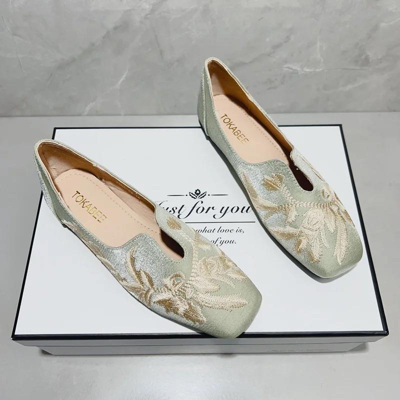 

Модные Новые Женские Лоферы с Квадратным Носком и Вышивкой Женские Балетки Мокасины Повседневные Слипоны Обувь Слипоны Плоские Легкие Обувь для Ходьбы 35 зелёный