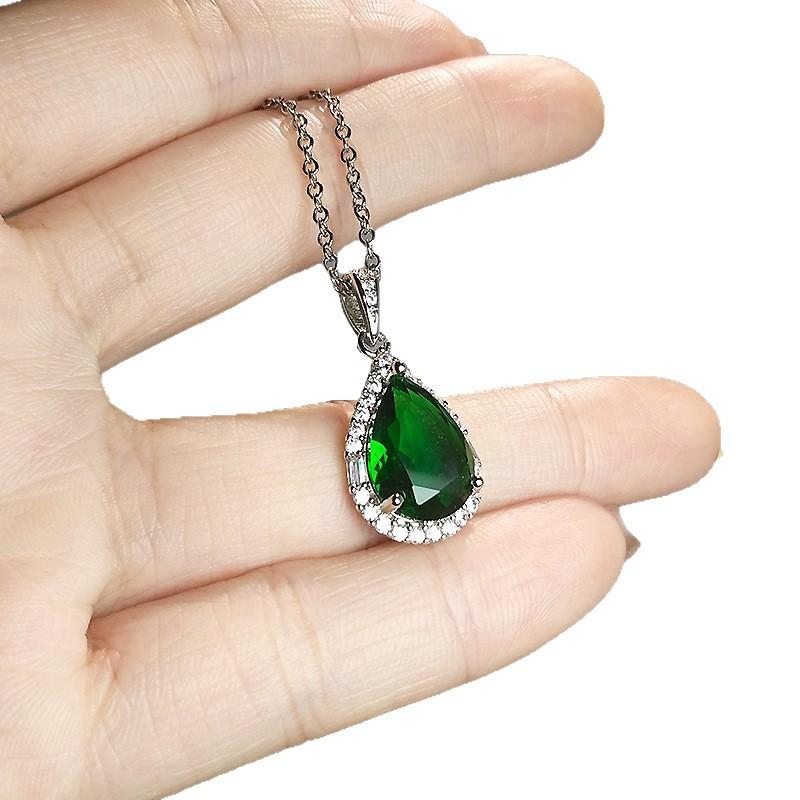 Water Drop-Shaped Aquamarine Pendant Temperament Inlaid With Imitation Emerald Yellow Zirconium White Gold Necklace Women