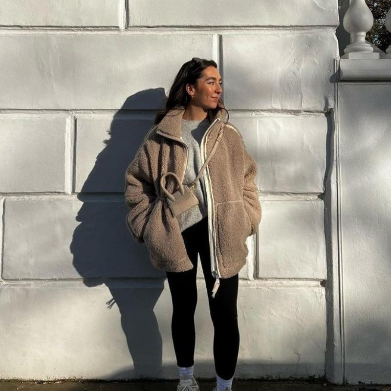 Women Zipper Lapel Thick Fleece Coats Autumn Winter Fashion Elegant Loose Jackets Casual Vintage Lamb Wool Outerwear