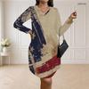 Women Plus Size V Neck Long Sleeve American Flag Printed Loose Curved Hem Dress