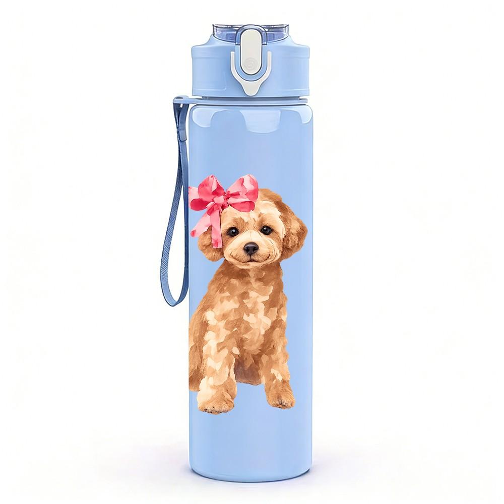 1PZ Cane Barbone Dorato Carino Cartone Animato 750ml Bottiglia d'Acqua Sportiva in Plastica Colorata Tappo Flip con Cannuccia Anti-perdite Adatta per Sport Ufficio Uso Domestico