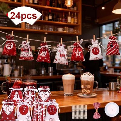 Kordelzug Weihnachts-Adventskalender Geschenktaschen 24er Set Wiederverwendbare Hängetasche für den Countdown zu den Feiertagen Halloween Süßigkeitenaufbewahrung Weihnachten