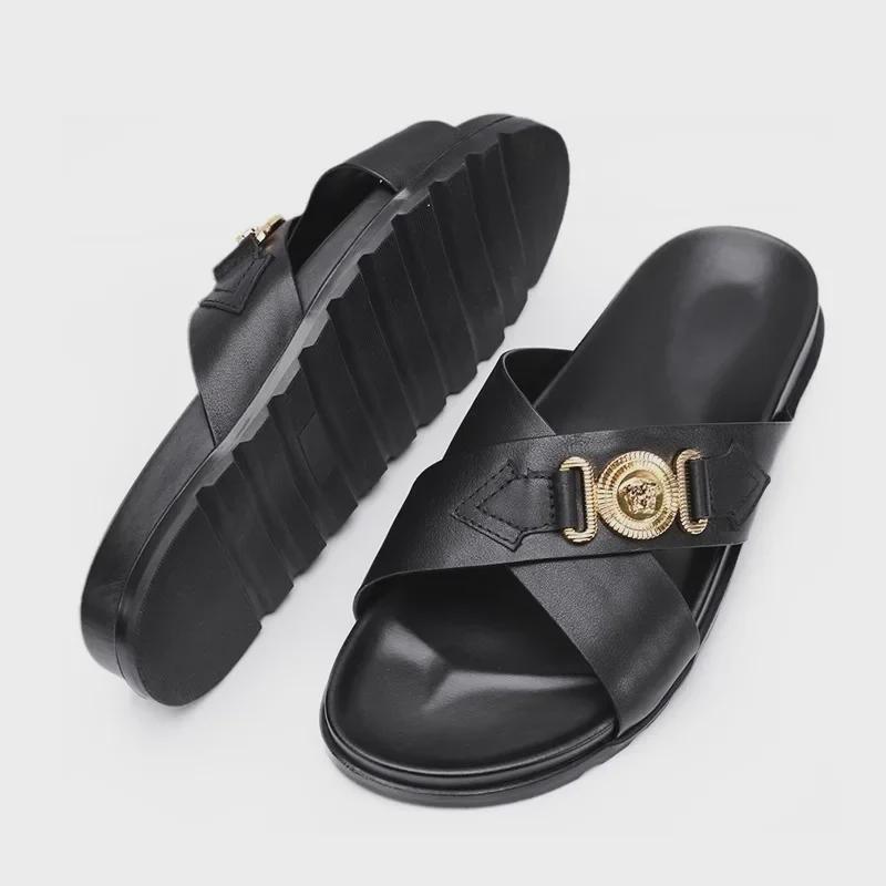 Men's Trendy Genuine Leather Outdoor Cross Sandals: 2024 Summer Soft-Soled Flip Flops
