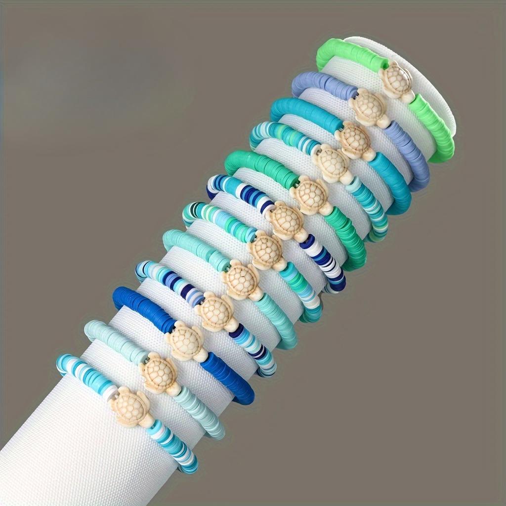 WTEMPO Summer Ocean-Themed Polymer Clay Bracelet Set Cute Stackable Stretch Bracelets & Anklet with Synthetic Turquoise and Sea Turtle Charms