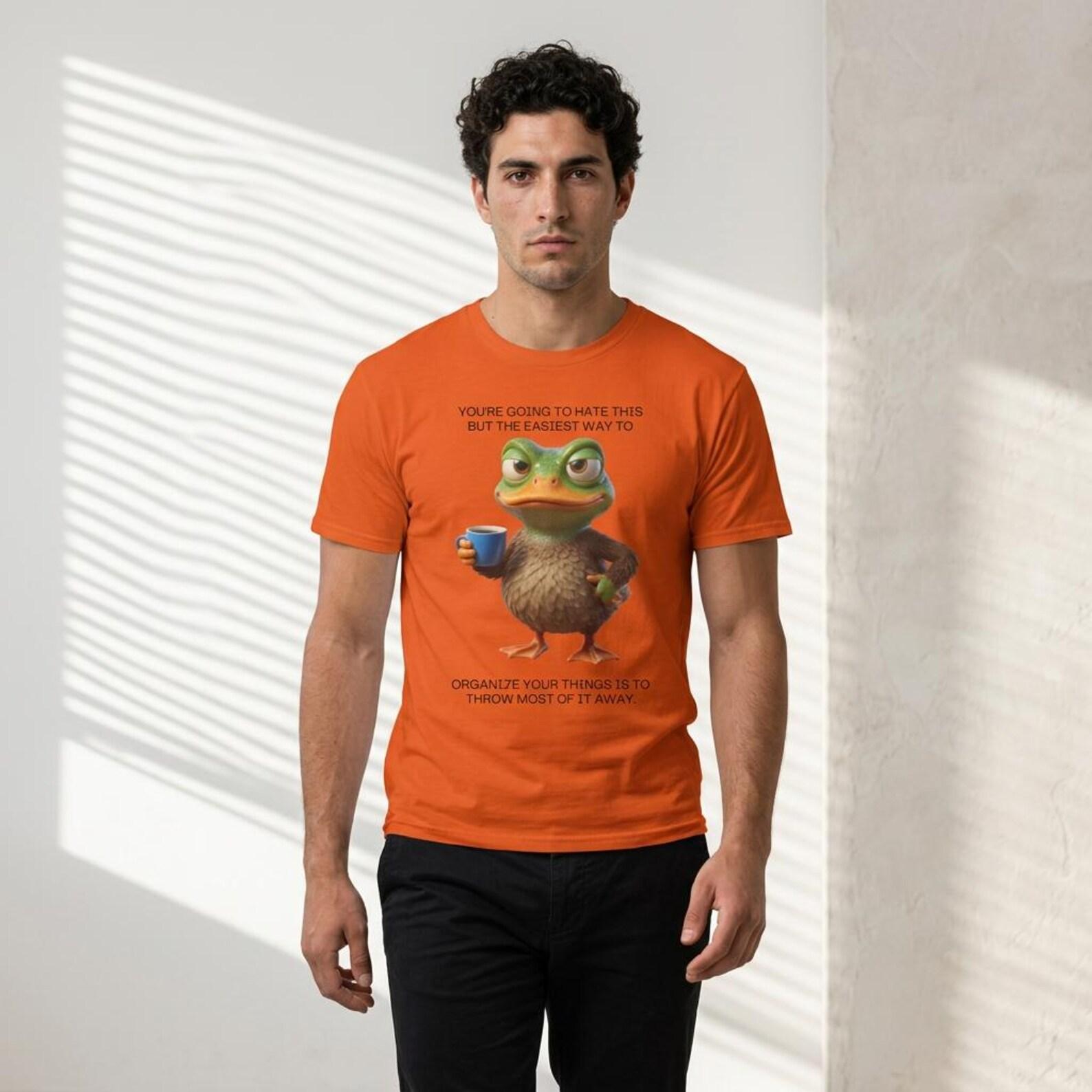 Grumpy Frog with Coffee T-Shirt | Cute Frog Illustration Tee M