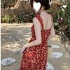 French Red Floral Spaghetti Strap Summer Dress - Women's 2024 Beach Vacation Long Dress