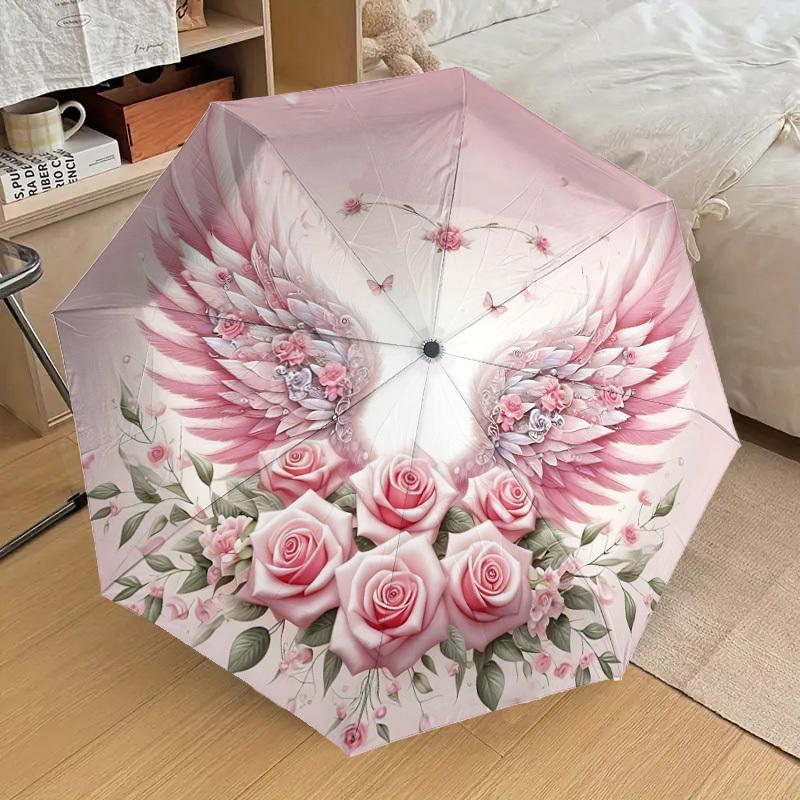 1pc Wings Flowers Automatic Open/Close Umbrella Compact Folding Umbrella with 8-Rib Shaft for Women/Men, Portable Travel Umbrella,1237S