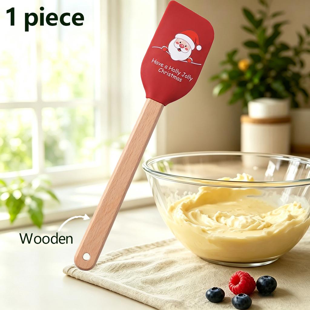 1pc Silicone Wooden Handle Baking Scraper, Christmas, Cake Cream Spatula, Household Non Stick Holiday Kitchen Utensils.