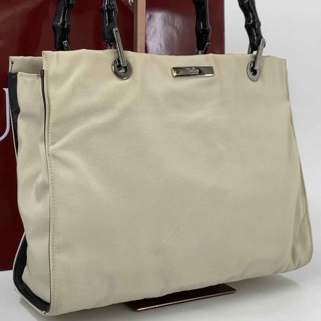 GUCCI Bamboo Handbag Tote Bag Nylon Canvas Leather Beige Ivory White Black 002 1010