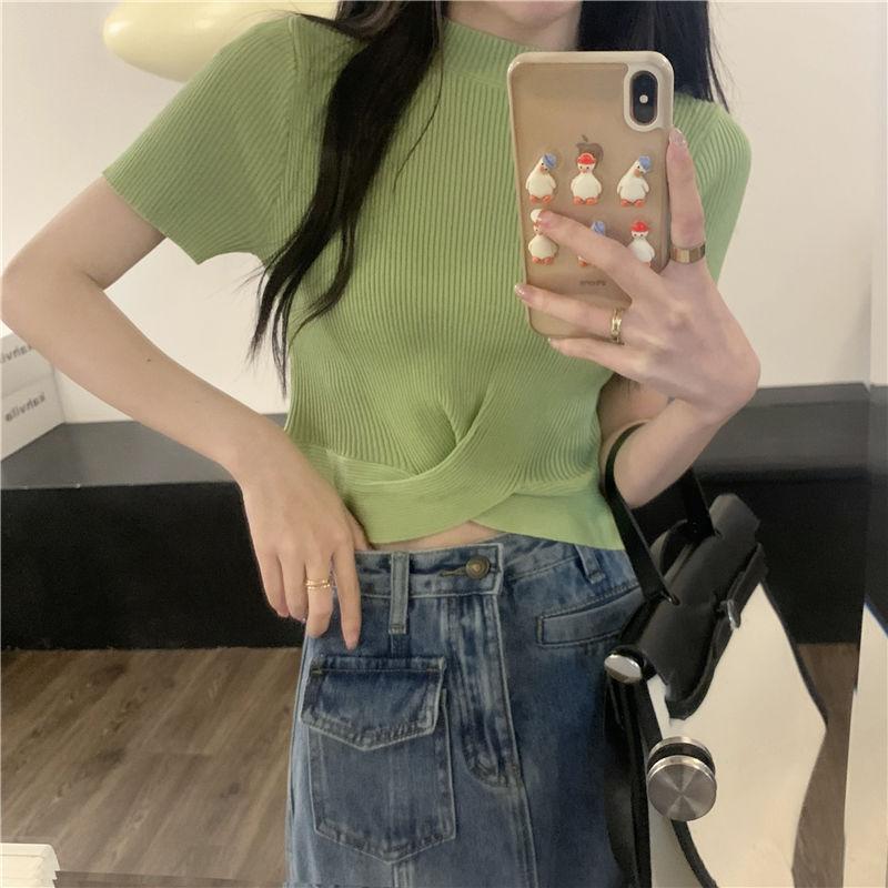 

Тонкая облегающая трикотажная рубашка с короткими рукавами, женская летняя футболка с высокой талией и открытым пупком L