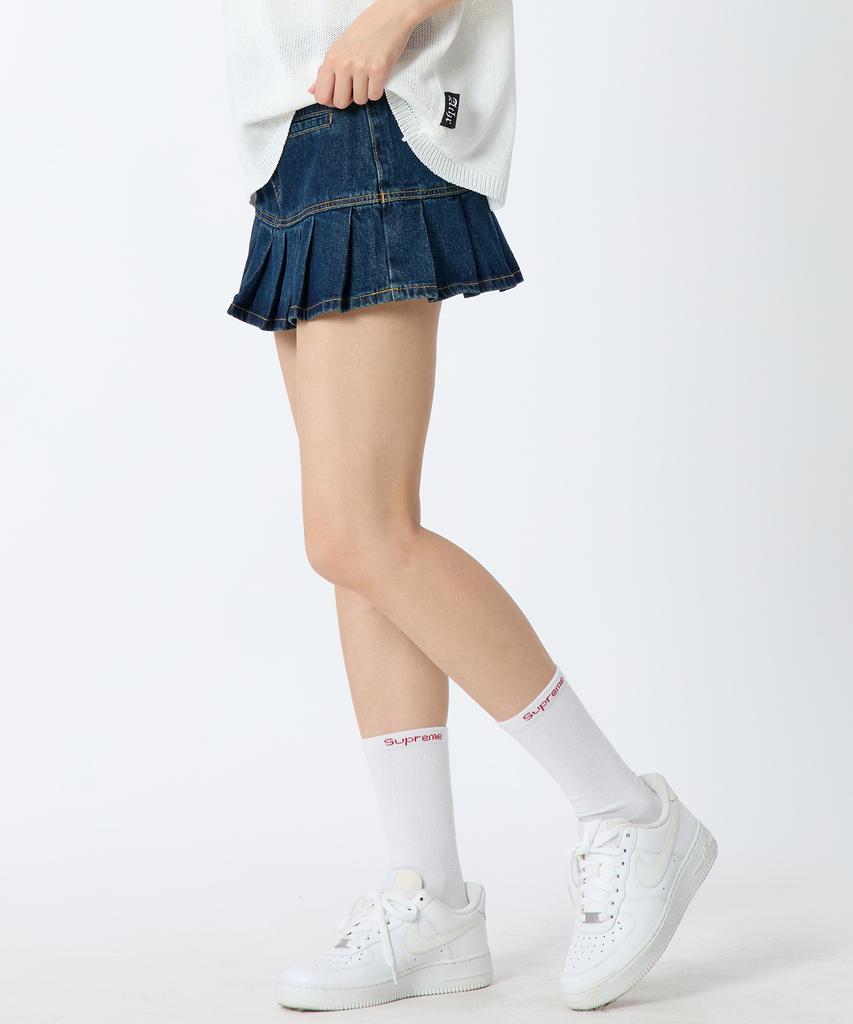 ANDTHEOTHER Pleated Denim Mini Skirt Blue
