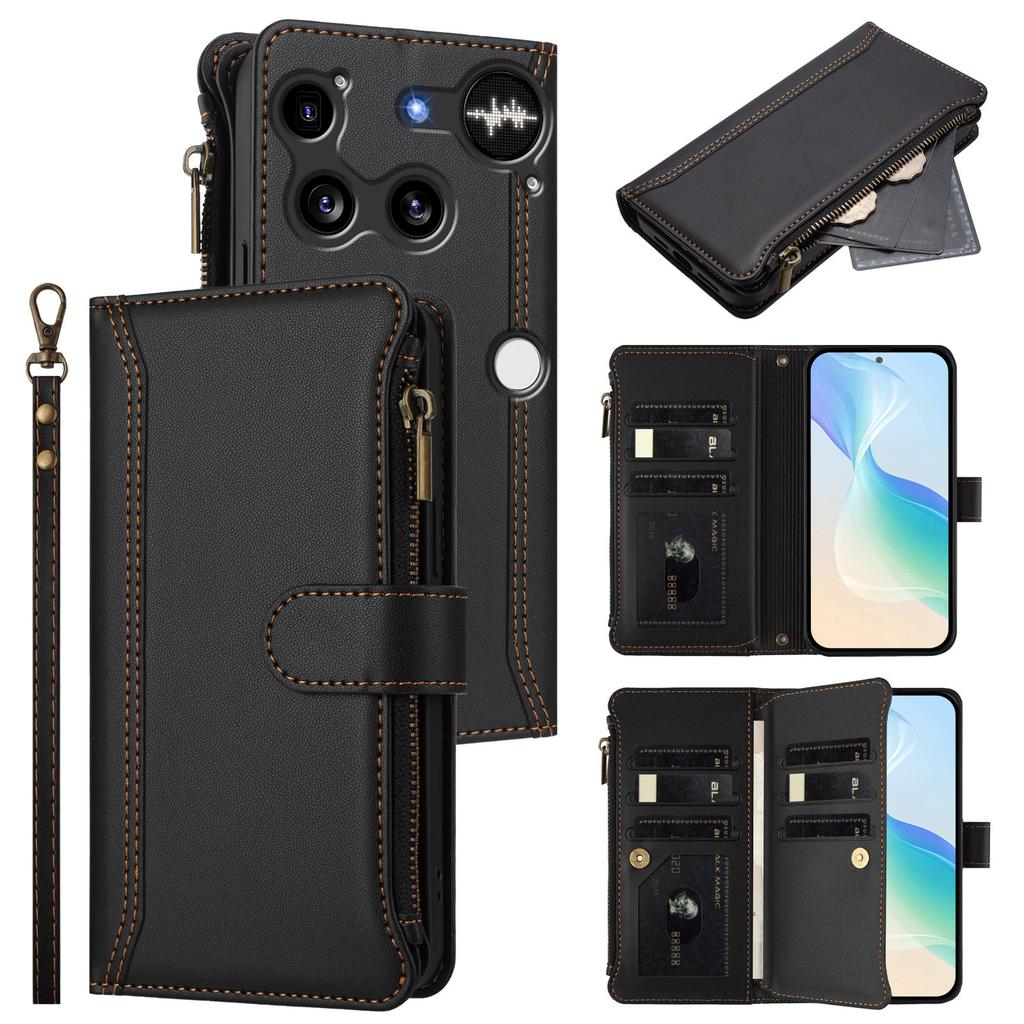 Per niente telefono (3) Custodia in Pelle 5G 9 Scomparti per Carte Portafoglio con Cerniera Supporto Copertura per Telefono con Cinturino da Polso