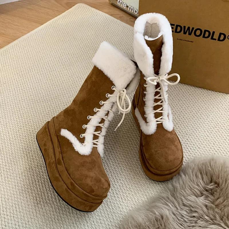 Comemore Women's 20245 Autumn and Winter Thick Soled Plush Warm Mid Length Lace Up Short Cotton Shoes with Fur and Snow Boots
