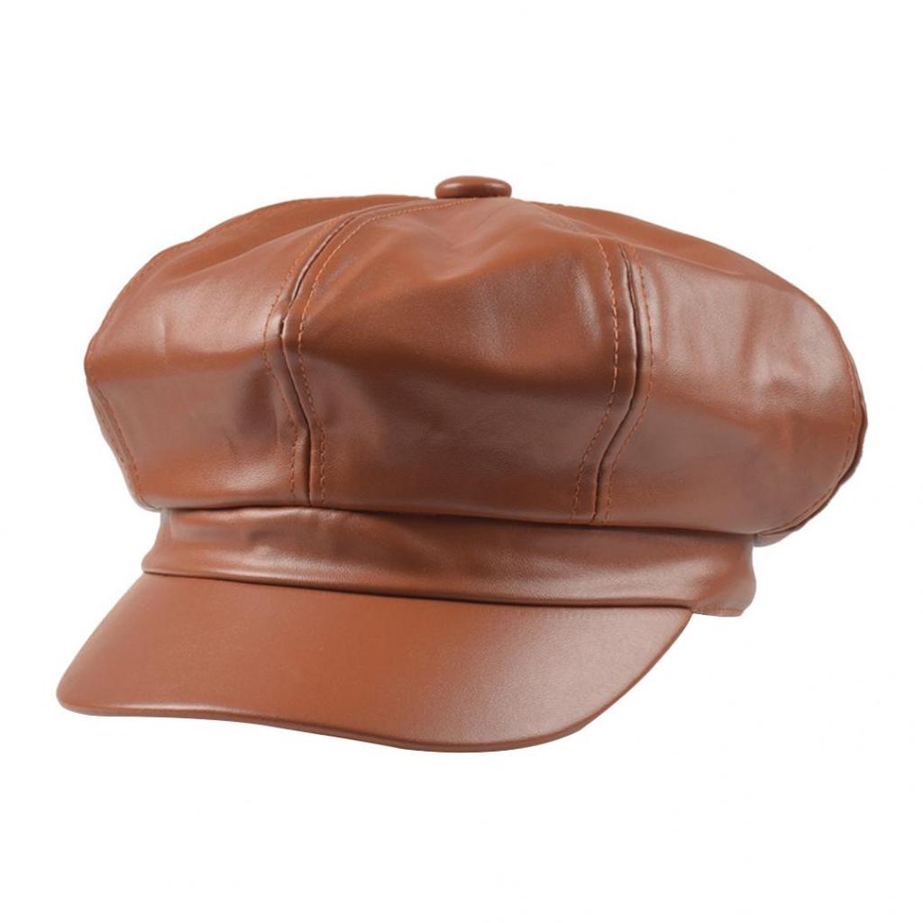 Women Vintage Faux Leather Solid Color Outdoor Beret Painter Flat Hat Peaked