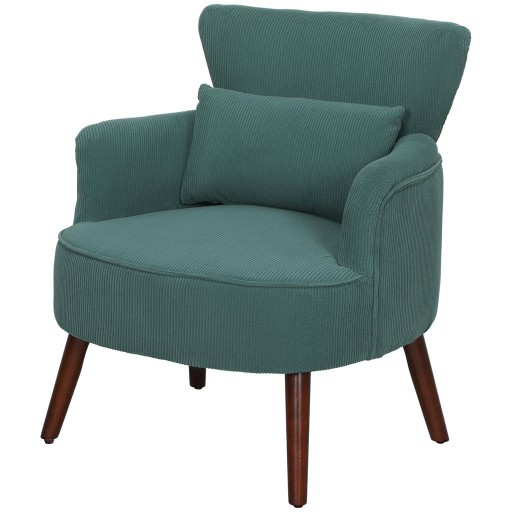 Modern Armchair, Upholstered Accent Chair with Lumbar Cushion, Rubberwood Legs, Dark Green