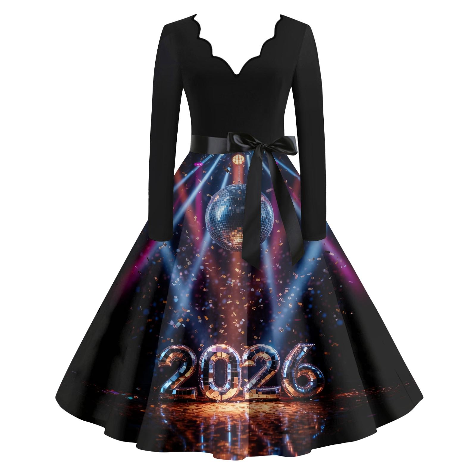 

Женское повседневное модное платье винтажного стиля с V-образным вырезом и новогодним принтом M