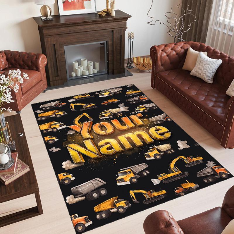 Construction Vehicles Theme Crystal Velvet Rug Personalized Custom Name Text Soft Floor Mat Home Decor