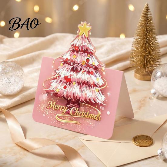 Folded Xmas Cards with Envelopes 10 Pcs 3D Christmas Tree Greeting Cards, Holiday Postcards Themed Base Bulk for New Year, Winter Party Supplies Three