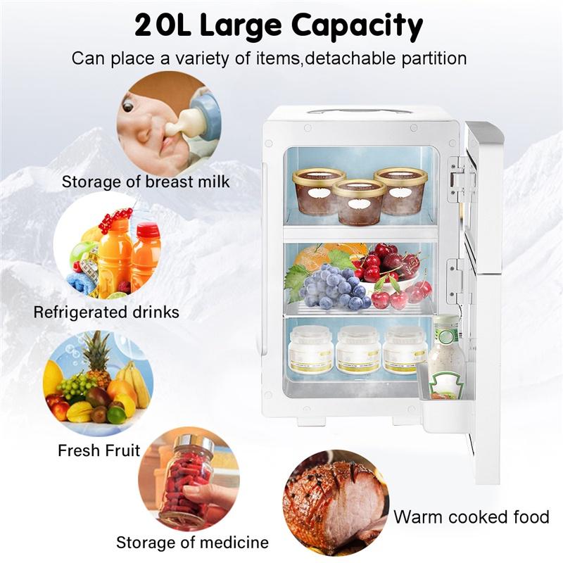 Dual-door Portable Car Refrigerator Temperature Display Freezer Warmer Outdoor DC 20L Mini Fridge Car Home Use for Camping Picnic DC 12V