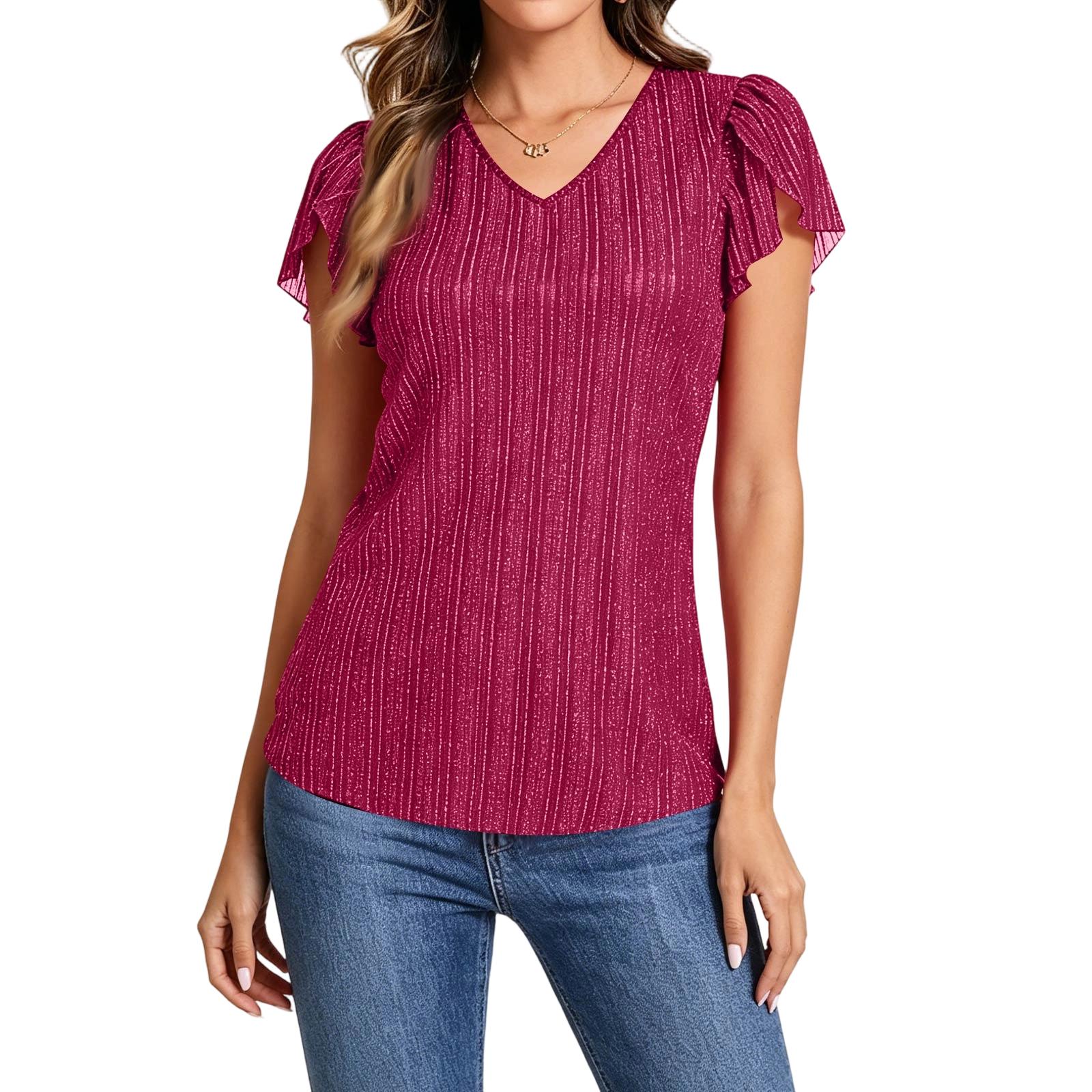 

Women s Flare-Sleeve Sequin-Embellished Fitted V-Neck -Color Loose-Fit T-Shirt XL