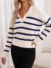 Retro Striped Polo Collar Wool Sweater for Women - Loose, Versatile Lapel Knitwear for Autumn