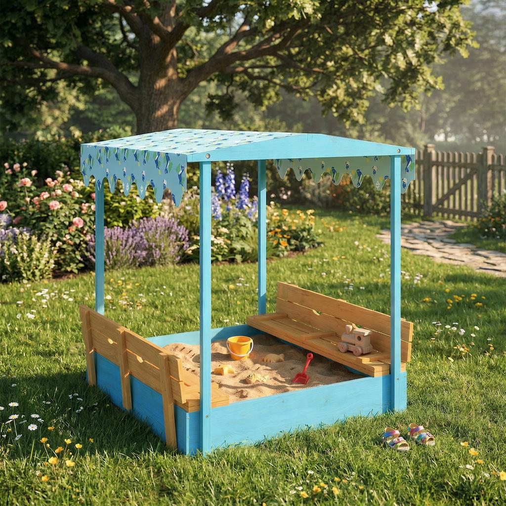 Wooden Sandbox with Lid, Children's Outdoor Sandbox with Foldable Seat, Blue Flamingo Printed Canvas