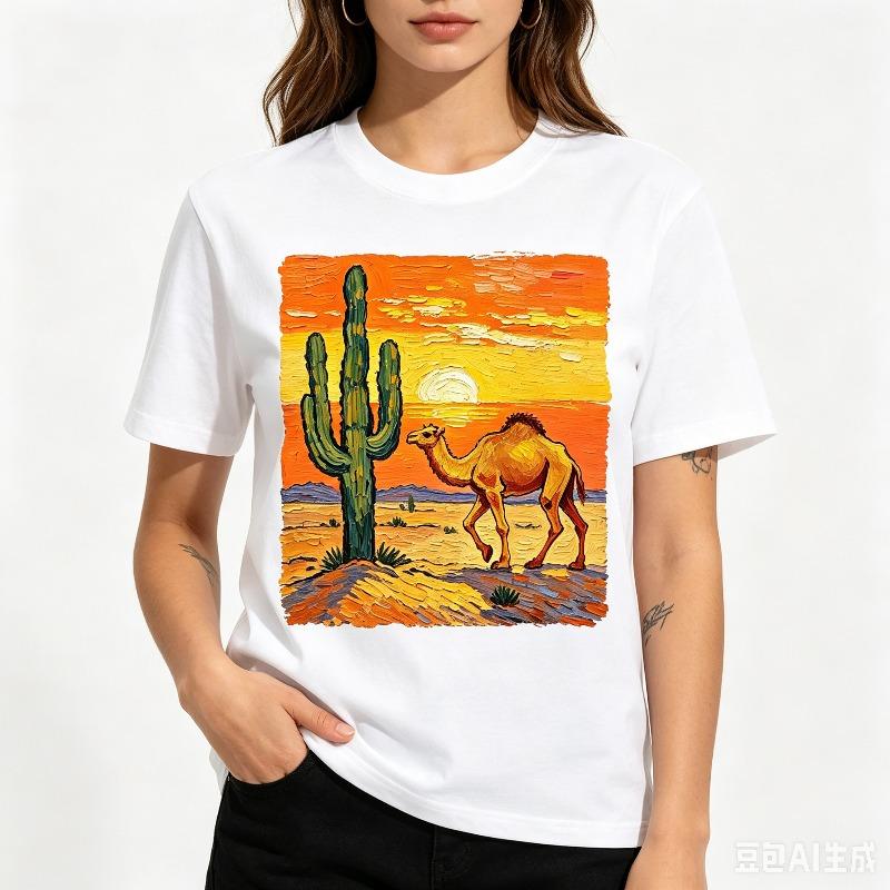 Van Gogh Style Desert Camel Cactus Graphic T Shirt Unisex Unisex Vintage Artistic Streetwear Casual Short Sleeve Tee Tops