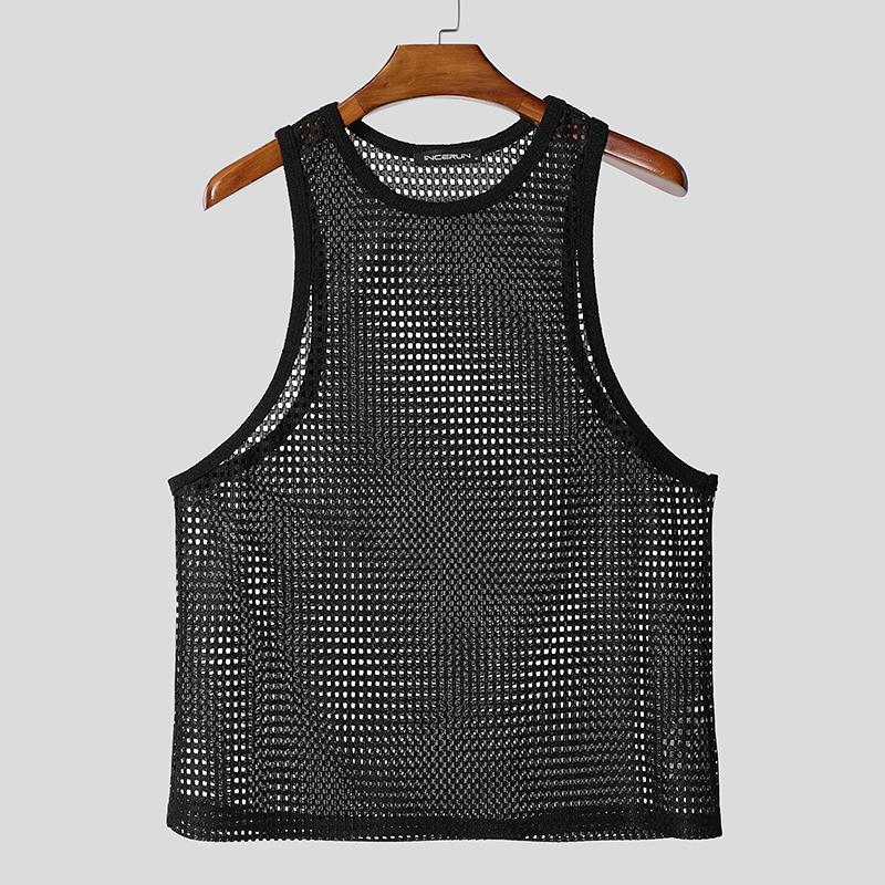 INCERUN Men Sleeveless Mesh Sheer Hollow Casual Beach Tank Tops Cover Up